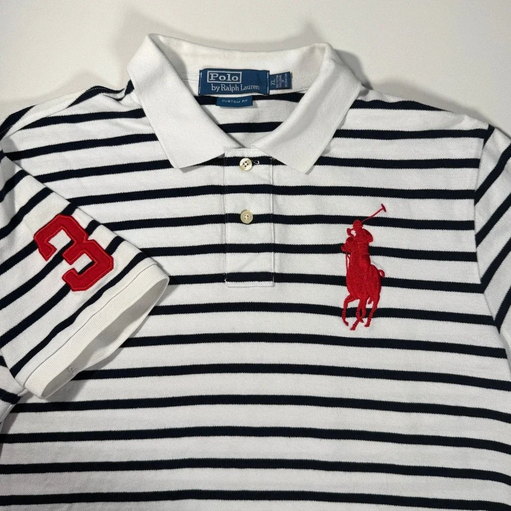 Polo Ralph Lauren Big Pony Striped Polo Shirt Youth/Boys XL White Navy Blue Red‎